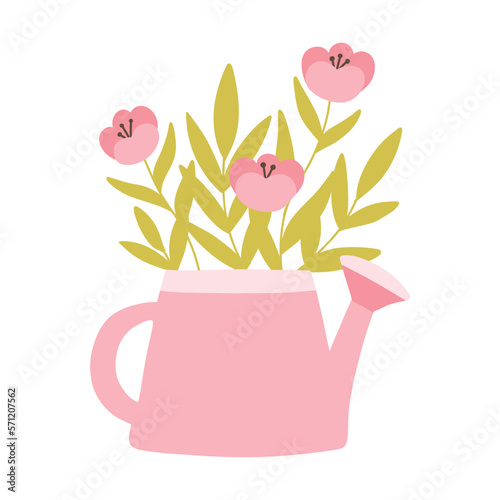 Cute watering can with flowers. Spring watering can with flowers and leaves. Vector illustration. Flat hand drawn style. © Евгения Крупель