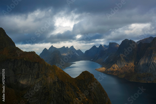 View from 448 meters high, Reinebringen is of the highest peaks on the Lofoten islands, Norway