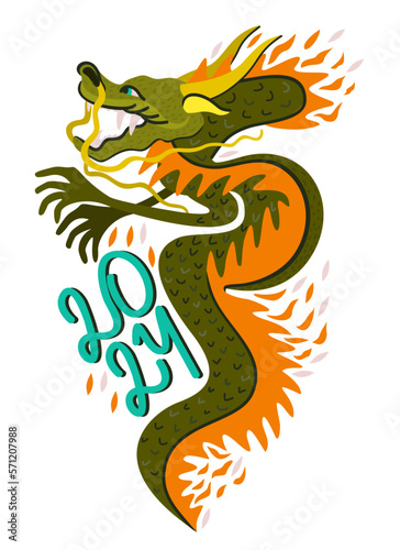 Dragon on fire. Year of the dragon. Chinese New Year 2024. Vector isolated illustration with lettering.
