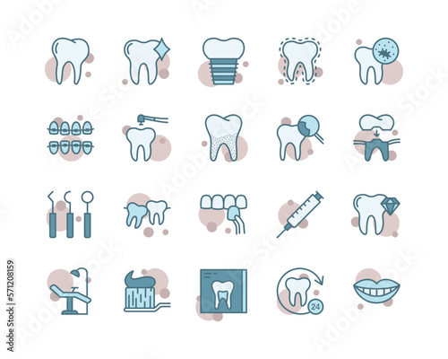 Dental flat line icons set. Dental services, therapy, teeth illness, tool, reconstruction, diagnosis, health care, treatment. Simple flat vector illustration for web site or mobile app.