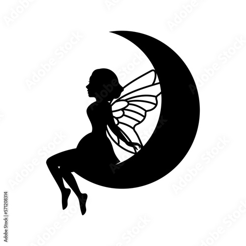 Little fairy. Mythical tale character logo. Silhouette of little creature with wings. Magical fairy in dress