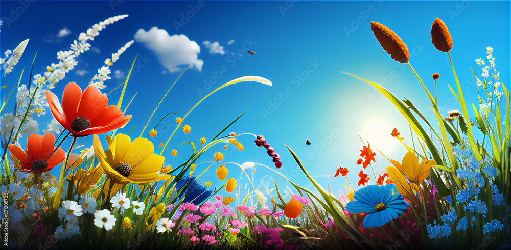 Beautiful spring landscape with colorful wildflowers in a green meadow on a blue day, generative AI