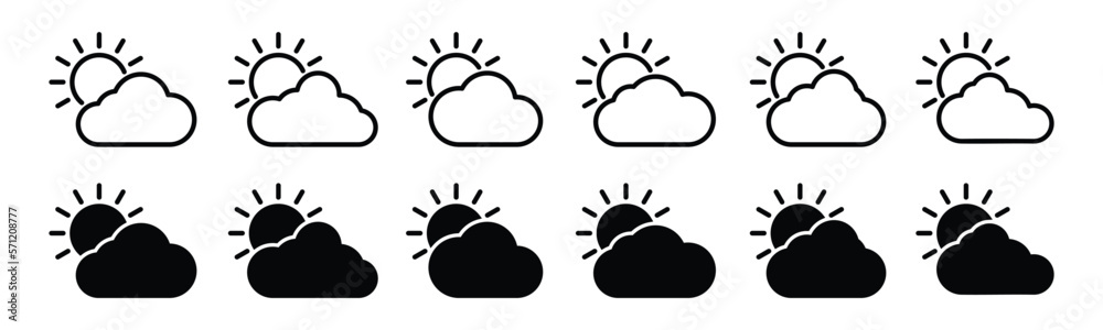 Daylight icon. Sunny weather icon. Sunny day icon. Sun behind the clouds. Sun shines or sun ray icon. Sun and cloud icons vector with line and flat style for apps and websites, symbol illustration