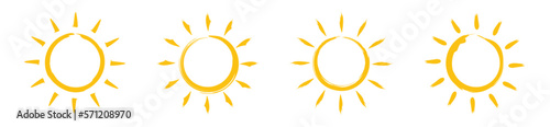 Drawn sun icon set. Sun shines or sun ray icon. Sun icons vector with line and flat style for apps and websites, symbol illustration