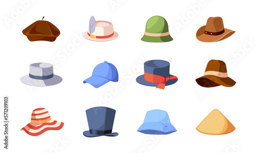 Set of Hats Relate to Different Centuries and Ages. Male and Female Vacation Cap, Panama, Traditional Lady Headwear