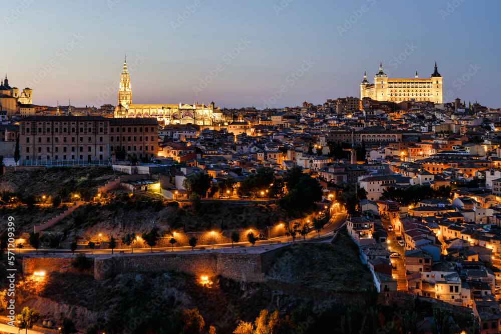 Obraz premium Views at night of Toledo. It is a city and municipality of Spain, capital of the province of Toledo in the autonomous community of Castilla–La Mancha. Toledo was declared a UNESCO World Heritage Site.