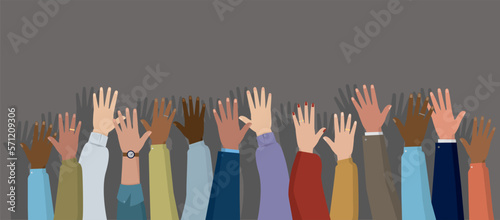 Illustration panoramique montrant des mains levées d'hommes et de femmes. Concept de vote, de liberté et de diversité. Sur fond gris