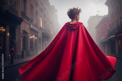 Child super hero in red cape in the city. Generative AI