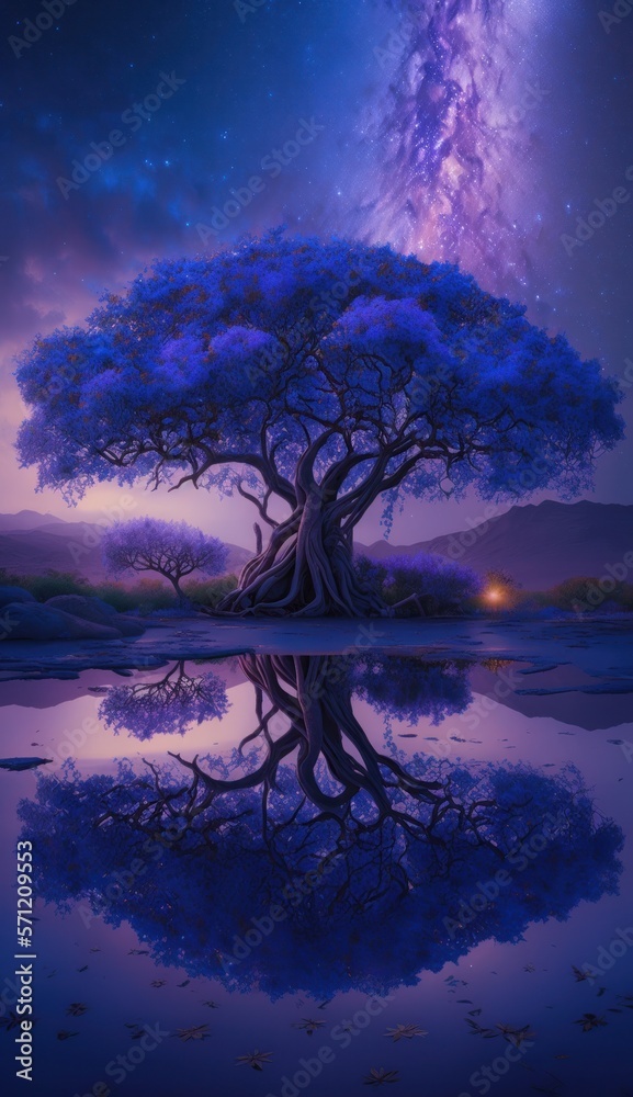 Landscape with tree. Reflections in the lake. Fantasy illustration. Landscape with tree. Reflections in the lake. Fantasy illustration.
