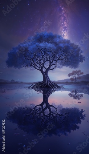 Landscape with tree. Reflections in the lake. Fantasy illustration. © Sparrowski