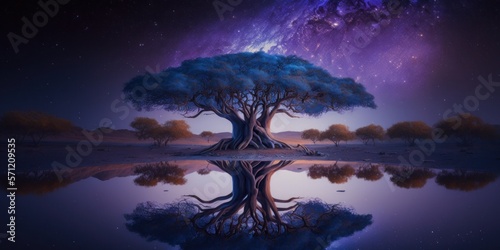 Landscape with tree. Reflections in the lake. Fantasy illustration.