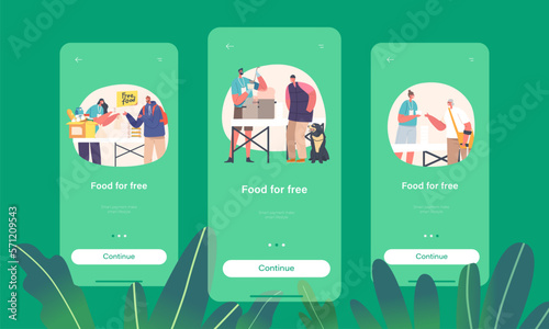 Food for Free Mobile App Page Onboard Screen Template. Volunteer Characters Distribute Sustenance To Those In Need