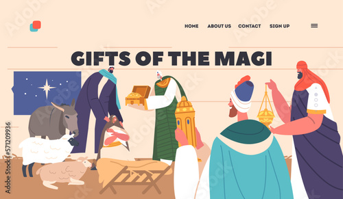 Gifts Of Magi Biblical Scene Landing Page. Three Wise Men Follow Star To Honor Jesus In Bethlehem, Bring Gifts