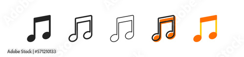 Note set of six icons in different styles. Application, music, streaming service, musical grammar, music lesson, party, hobby, musician, performer. song. Music concept. Set of vector icons isolated