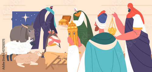 Gifts Of Magi Biblical Scene With Three Wise Men Who Followed Star To Find Jesus In Bethlehem Vector Illustration
