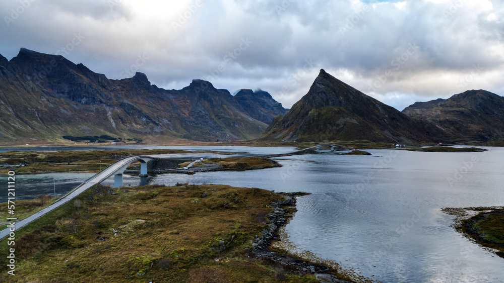 Lofoten islands, Norway. October, fall, drone photo