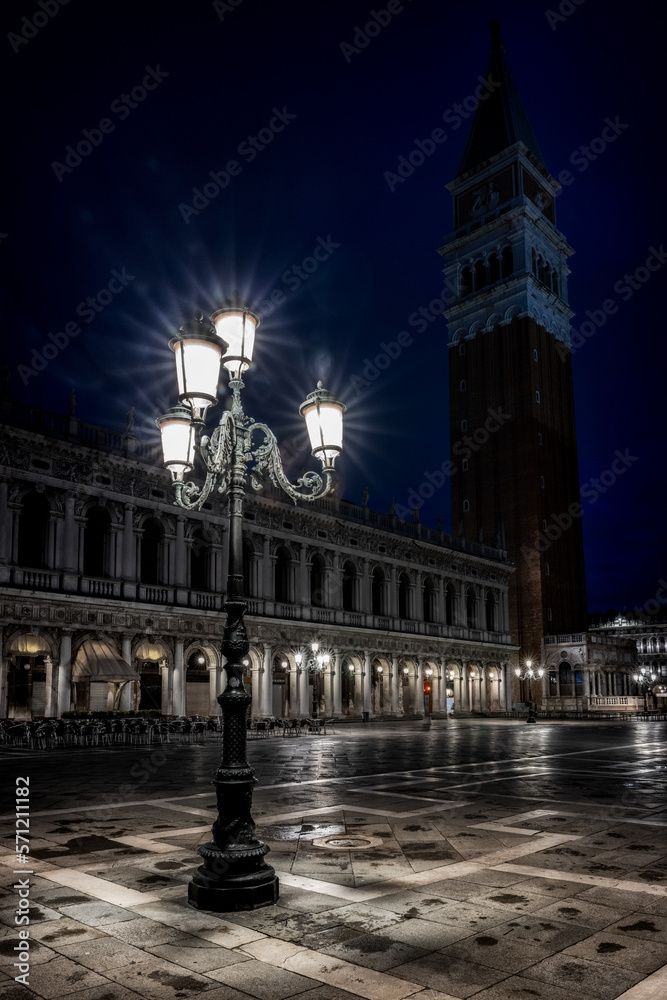 Illuminated Ornate Street Lamps In St Marks Square, Venice