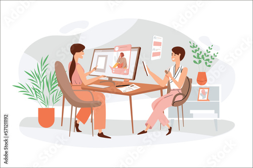 Browse social network orange concept with people scene in the flat cartoon design. Two girls check their social network. Vector illustration.