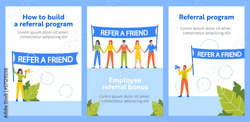 Refer A Friend Cartoon Banner. Group Of People With Loudspeakers And Large Banner Promoting Referral Program
