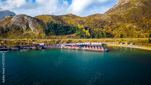  Lofoten Rorbu Lodge  Lofoten islands  Norway. October  fall  drone photo