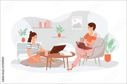 Orange concept freelance working with people scene in the flat cartoon style. Two friends work according to a free schedule and get pleasure from work. Vector illustration.