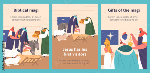 Gifts Of Magi Biblical Banners With Three Wise Men Who Followed Star To Find Jesus In Bethlehem. They Brought Gifts