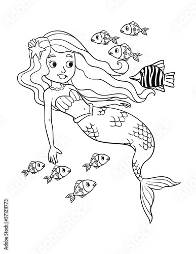 Mermaid and a Fish Isolated Coloring Page for Kids