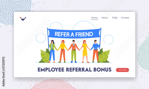 Employee Referral Bonus Landing Page Template. Group Of Diverse People Standing Together Holding Hands And Large Banner