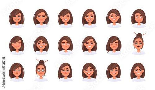 Set of different white woman emotions. Facial expression. Smile, happiness, anger, disappointment, fatigue, surprise, fear. Vector illustration
