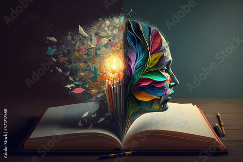 Colorful collage. Human head with an open book and a light bulb as a metaphor for learning, knowledge and new ideas. AI photo