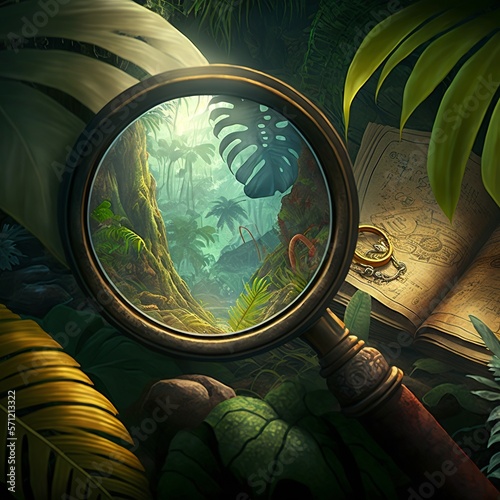 treasure hunt, jungle magnifying glass green leaf find chest, lantern, map tour, adventure sharp imagewithered colorless mystery research reconnaissance discovery search find lens Generative AI 