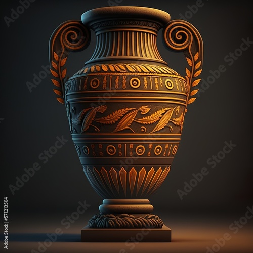 ancient vase, Greek style, but in a modern version patterned bronze mud red antique old museum leaf ear pitcher, jug, bastard ceramic ornament slag Generative AI photo