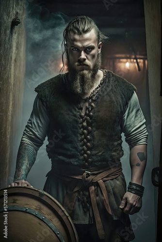 Illustration of handsome strong and muscular Viking warrior. Historical Viking culture concept. Generative AI  