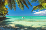 Tropical beach, palm tree and speed travel boat in Punta Cana, Dominican Republic