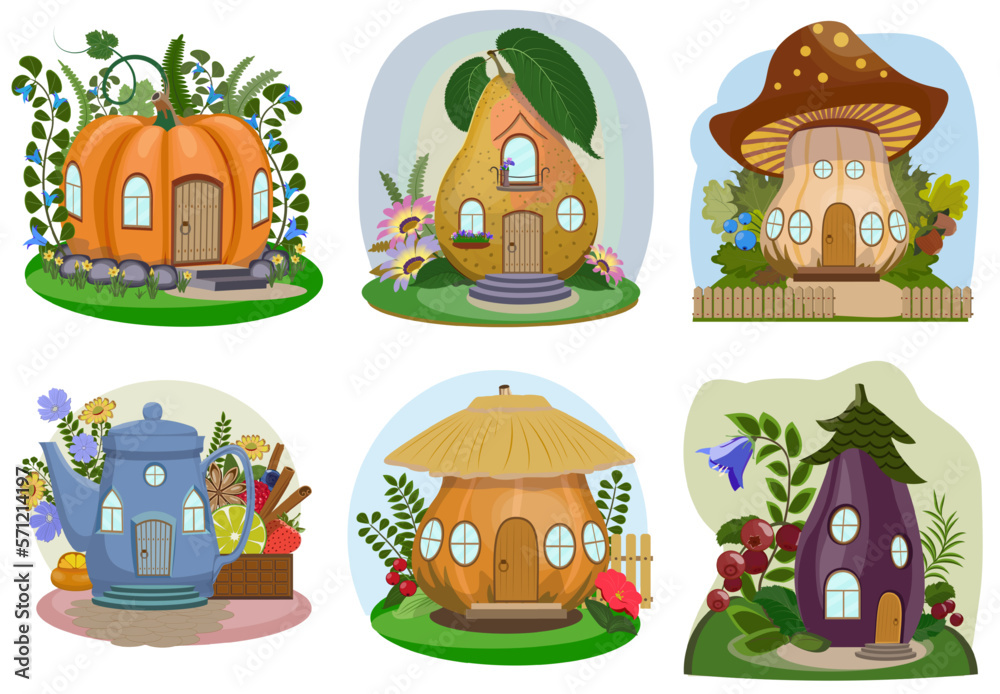 Cartoon fairytale houses for little animals and fantasy inhabitants. Pumpkin, pear, mushroom, tea pot, eggplant. Vector illustration Cartoon fairytale houses for little animals and fantasy inhabitants. Pumpkin, pear, mushroom, tea pot, eggplant. Vector illustration