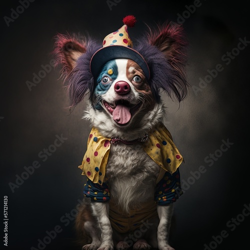 Funny dog is wearing costume clown jester happy smile tongue stick out parade puppy Royal Court bum Generative AI