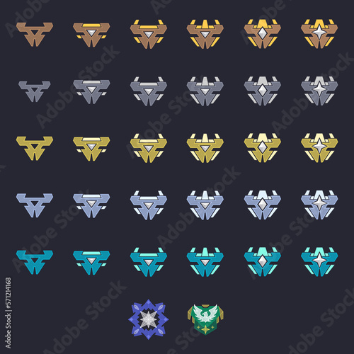 Set of rate modern cyber futuristic game trophy awards for characters like RPG or shooter.