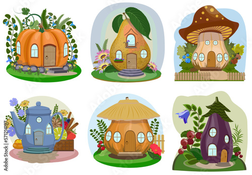 Cartoon fairytale houses for little animals and fantasy inhabitants.  Pumpkin, pear, mushroom, tea pot, eggplant. Vector illustration
