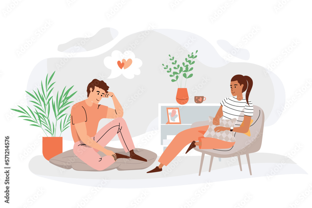 Dreaming people orange concept with people scene in the flat cartoon style. Young couple remember the best moments and dream about something good. Vector illustration.