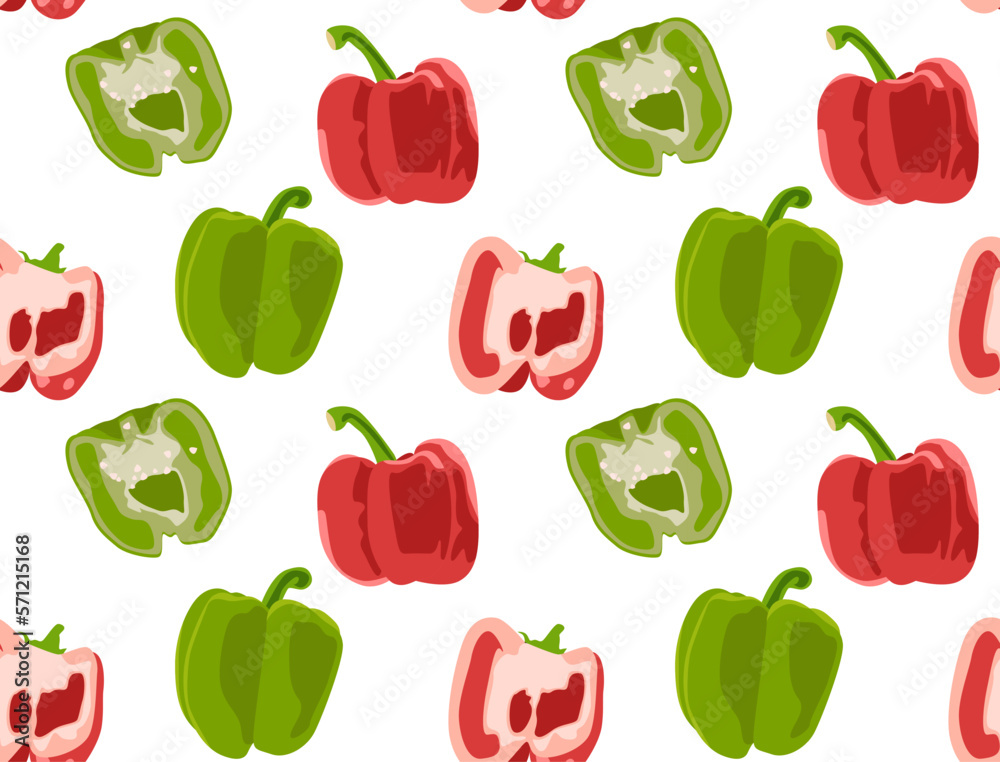 Red, green bell peppers whole and cut in half. Seamless pattern in vector. Isolated figures. Natural product. Useful vegetables.