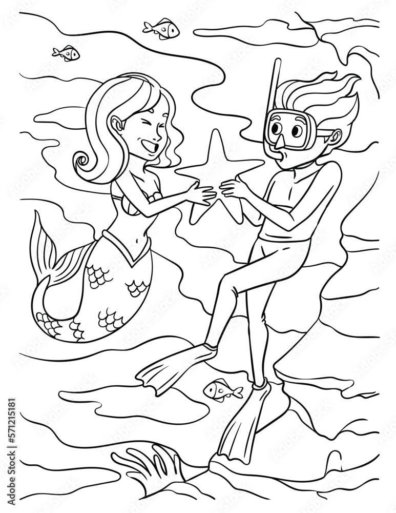 Mermaid and Diver Holding a Star Coloring Page Mermaid and Diver Holding a Star Coloring Page