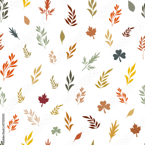 Different leaves and branches seamless pattern Fall background.