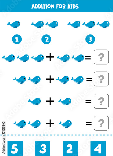 Addition for kids with cute cartoon blue whale.