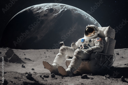Astronaut in a lounge chair on the moon, space travel illustration