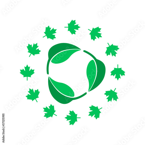 Eco product logo. Organics illustration. Recycling symbol. Green leaves in a circle.