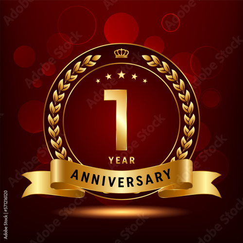 1st Anniversary Celebration. Anniversary logo design with golden color laurel wreath for birthday celebration event, invitation, greeting card, banner, poster, flyer, flyer. Logo Vector Template