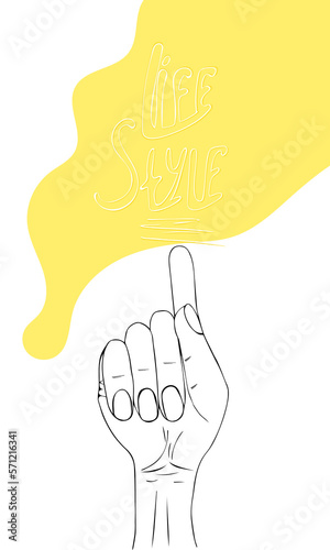 Postcard template of call to image Lifestyle. Hand with thumb up. Pleasure and joy from life and a sense of happiness. Vector illustration for print in sketch style