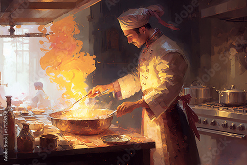 Digital painting of A professional chef preparing a delicious gourmet dish in a restaurant cuisine - AI generative