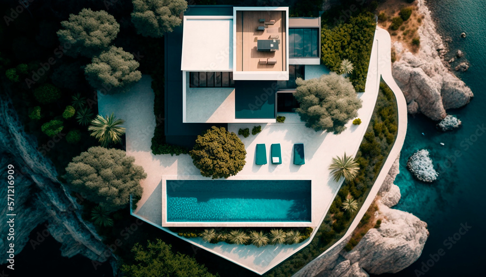 high quality aerial drone picture of ultra modern house, villa with great,  wonderful garden und beautiful pool high up on a mountain, with beach and  the sea, generative ai Illustration Stock