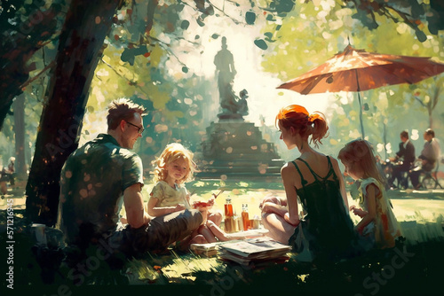 A digital painting of A happy family enjoying a summer picnic in a green park - AI generative